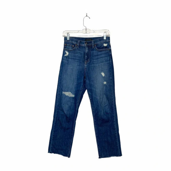 Uniqlo Dark Wash High Rise Distressed Boyfriend Straight Leg Jeans 23 Women’s - Picture 1 of 13